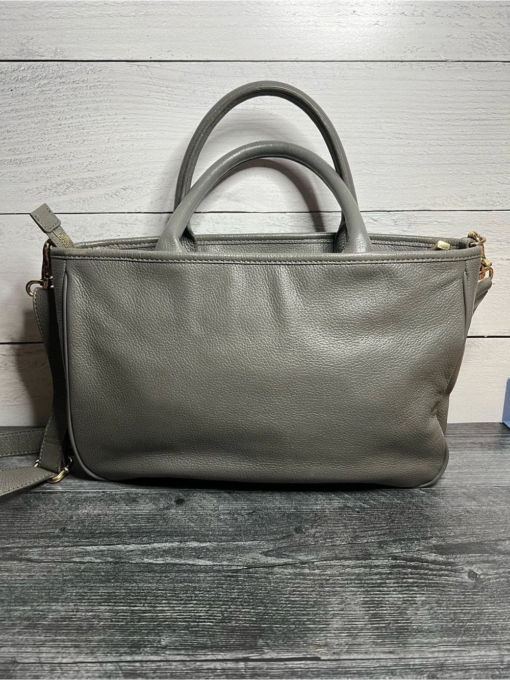 Tory Burch Gray Pebbled Leather Tote with Gold Horsebit Hardware